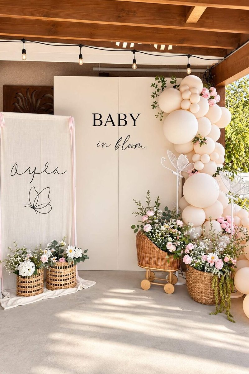 Linen Name Banner with Wicker Pram