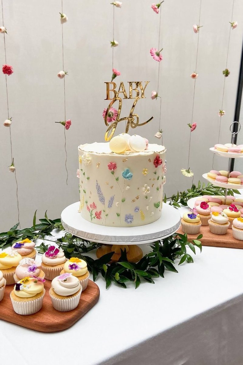 Wildflower Painted Cake with Edible Flower Cupcakes