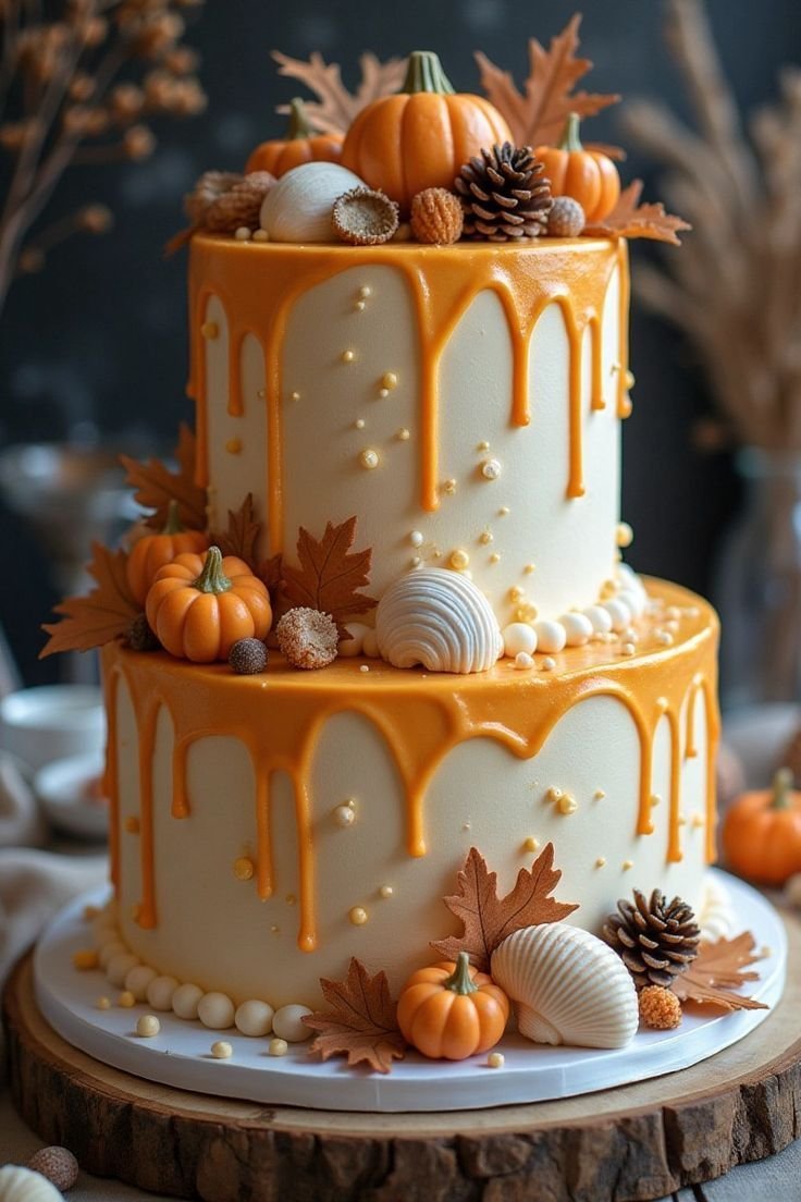 Semi-Naked Fall Drip Cake with Maple Leaves