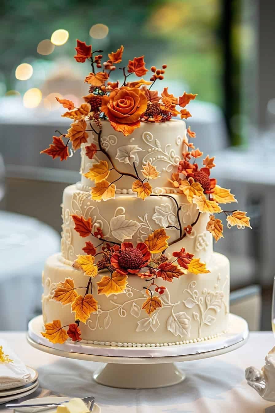 Elegant Fern Pattern Cake with Fall Foliage